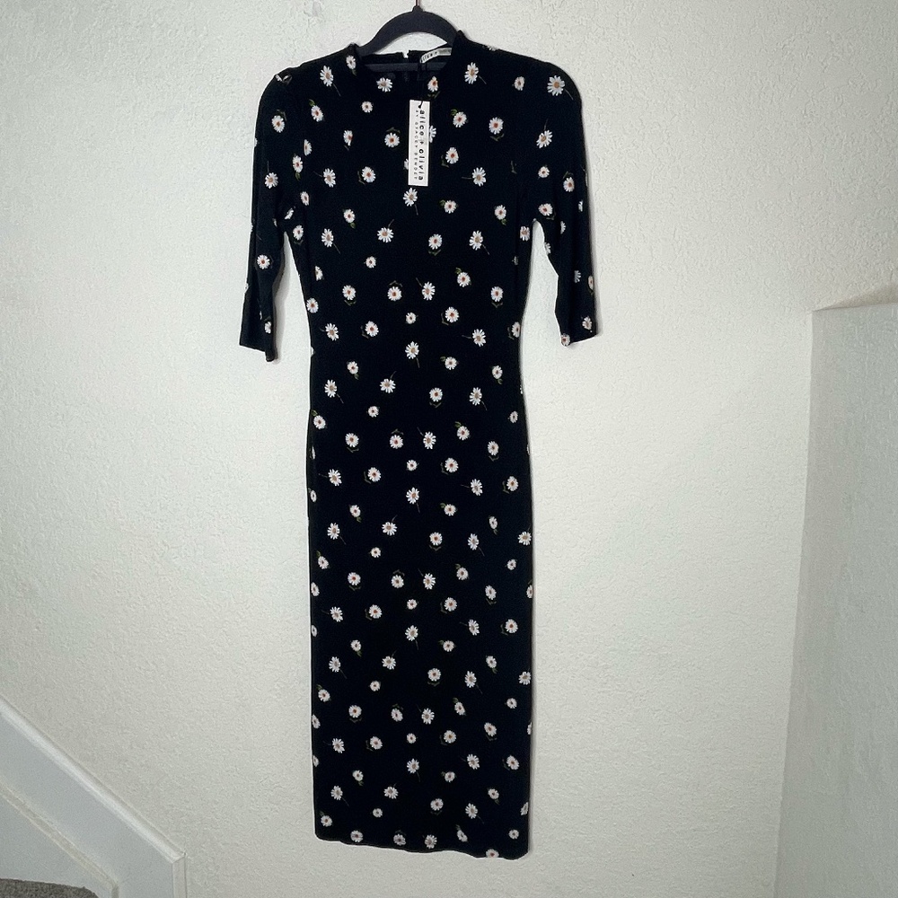 Alice+Olivia NWT Tossed Daisy Midi Dress Size 0 3/4 sleeve Black Mesh Lined